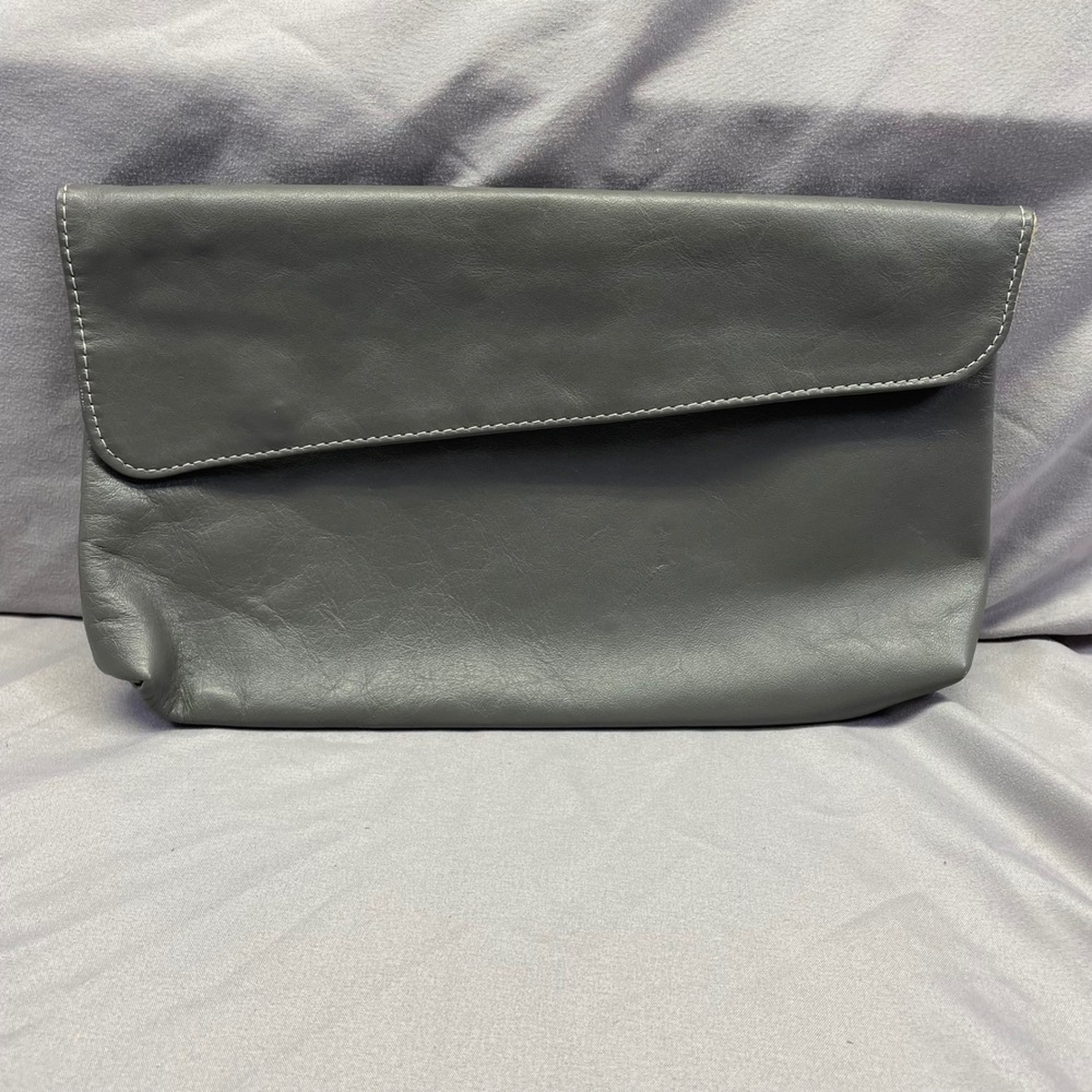Juliette Gray Leather Clutch Bag Vintage Made in USA Flap Contrast Stitch